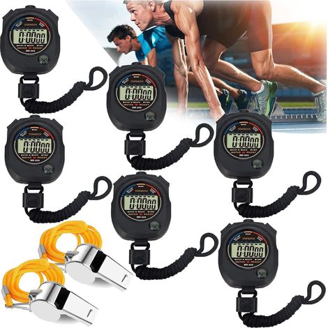 BRAVIX Lot 6 chronomètre numérique résistant à l'eau antichoc minuterie électronique de précision avec boussole pour la course à pied, la natation et autres sports noir (sans sifflet) (1/5)