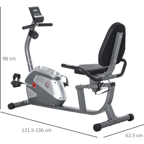 Vélo couché avec siège réglable, 8 niveaux de résistance et écran LCD, 121,5-136 x 62,5 x 98 cm, gris. (1/5)