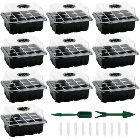 Mini serres pour semis, un ensemble de 10 mini serres pour semis, chacune avec 120 cellules pour semis, comprenant des plateaux et des couvercles pour semis, des plateaux de semis d'intérieur durables (1/4)