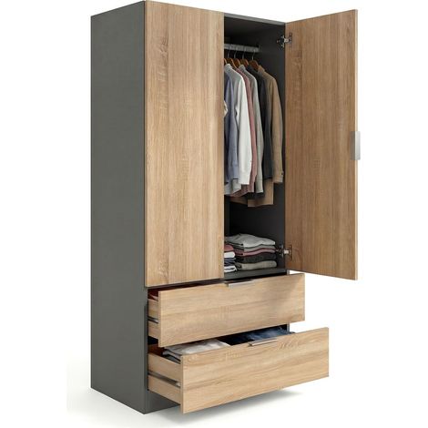 Armario de 2 puertas y 2 cajones 81,5x180 cm Lark Gris Grafito - Roble Canadian (ancho) x 180cm (alto)
