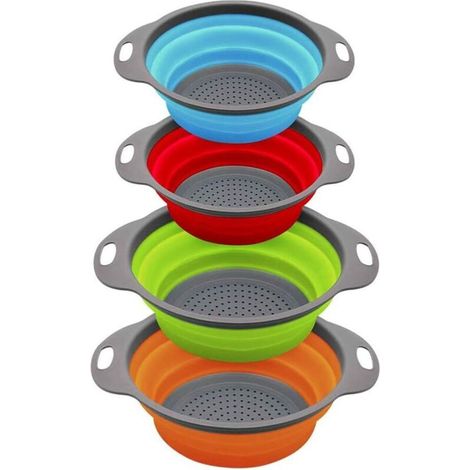 Lot de 4 passoires de cuisine pliables colorées en siliCône - Idéal pour égoutter les pates, les légumes (rouge + bleu, orange + vert)-Fei Yu (1/5)