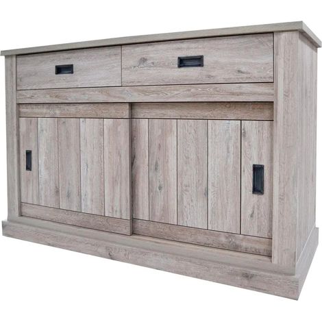 Credenza Madia Con 2 Cassetti E 2 Ante Scorrevoli Mobile Soggiorno Con 4 Ripiani Interni Design Minimal Shabby Chic Per Sala Da Pranzo Zona Living 150 X 50 X 95.5 Cm Rovere Alaska (1/5)