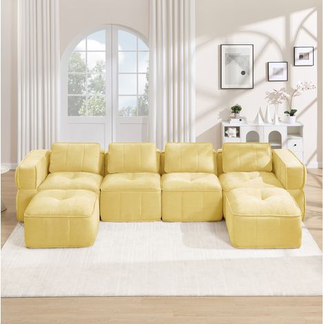 Divano modulare a U 4 posti con 2 pouf, senza struttura, tessuto in poliestere giallo DESVIAE (1/5)