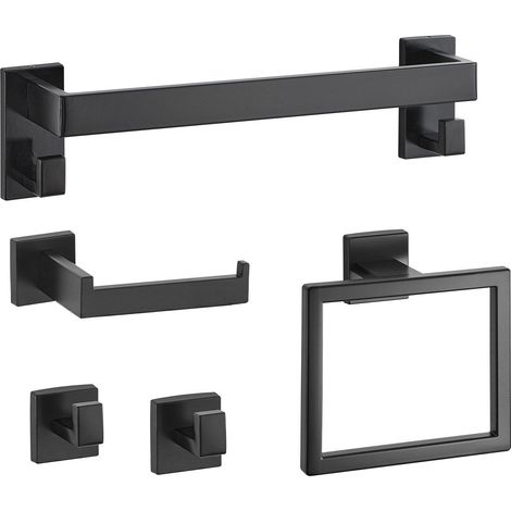 Ensemble d'accessoires de salle de bain noir mat 5 pièces avec barre porte-serviettes inox 40 cm, porte-serviettes, 2 crochets et porte-papier. (1/5)