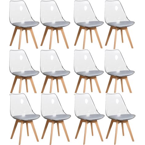 12 Chaises Tulipes Salle à Manger Scandinaves Bm Home Salle de Bureau, Pieds en Bois de Hêtre Massif, Transparente, assise Grise (1/5)