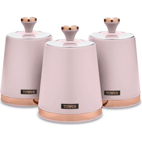 Tower T826131PNK Cavaletto Set of 3 Storage Canisters for Tea/Coffee/Sugar, Steel, Marshmallow Pink and Rose Gold, One Size (1/5)