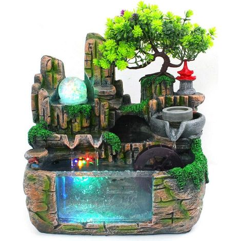 Fuente de interior Feng Shui, fuente de jardín de rocas, acuario, con bola de cristal LED y atomizador, fuente de mesa, fuente, decoración de salón (1/5)