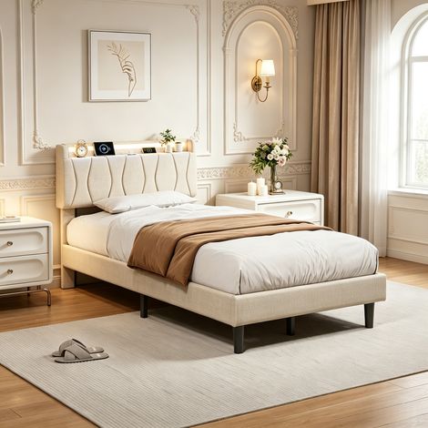 Lit double 90x200 avec sommier, éclairage LED RGB, ports USB et Type-C, Lin - adapté aux adultes et adolescents,Beige (1/5)