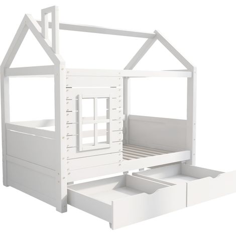 Lit cabane pour enfants et adolescents 80160 avec barrière anti-chute, lit enfant en bois polyvalent pour garçons et filles, lit enfant en bois massif avec barrière anti-chute, fenêtre et sommier à la