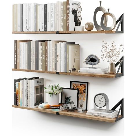 Étagères murales suspendues pour Le Mur, Lot de 3, étagère bibliothèque pour Chambre à Coucher, Salon, Bureau, Salle de Bain, Cuisine, Bois Rustique avec Support métallique (Naturel Grand) (1/5)