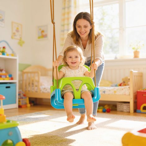 Balançoire enfant 3 en 1 avec corde réglable, dossier amovible, barre en T et ceinture de sécurité - Vert foncé (1/5)