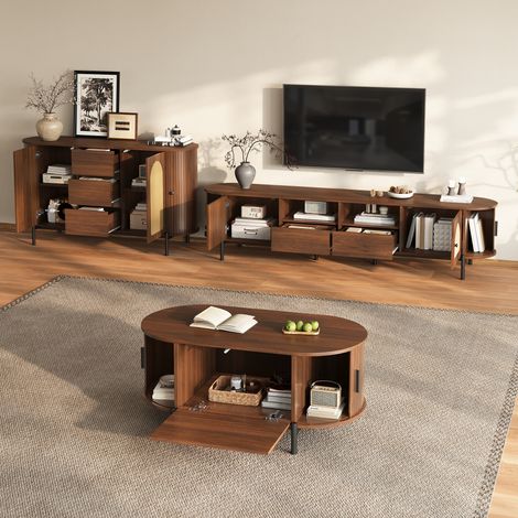 Table basse, en bois et rotin, 3 pièces, avec portes, pour salon, portes coulissantes, espace de rangement, style rotin, aspect bois, buffet