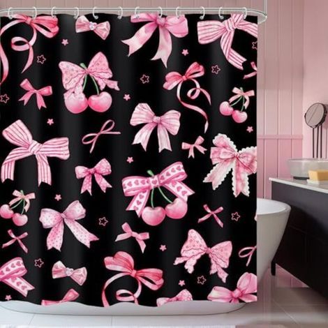 Shower curtain in pink and black, 150 x 180 cm (W x H) – Modern cherry and fruit pattern – Pretty and stylish for girls and teenagers – Water-repellent polyester fabric – Decoration