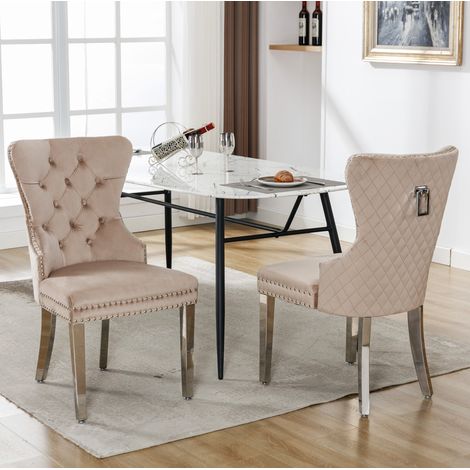 Silla de comedor de terciopelo beige, respaldo capitoné, lote de 2 DESVIAE (1/5)