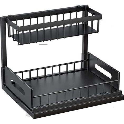 Organisateur de meuble sous évier - Noir - 2 niveaux - 36,5 x 30 x 26 cm - Organisateur de meuble de cuisine - Noir - Extensible - Organisateur de cuisine avec tiroir (1/5)