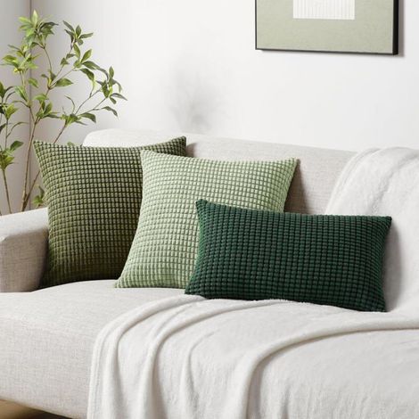 Housse De Coussin - Velours Côtelé - 45x45 Cm - Vert Olive - Rayures - Lot De 2 (1/5)