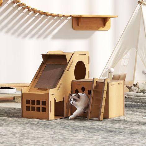 Griffoir en carton 67x66x57 cm Marron pour chats Forme château 2 en 1 pour chat avec zones de grattage Herbe à (1/4)