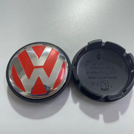 Cache-moyeu de roue compatible Volkswagen VW avec logo Wolfsburg, emblème central jante bombé rouge 56 mm, couvre moyeu pour Golf, Passat, Touran, 4 pièces (1/2)