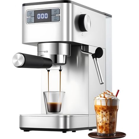 Machine à Café Expresso 15 Bars 1350W en Acier Inoxydable, Mousseur à Lait, Écran LED, Réservoir 1,25L, Design Compact, Argent (1/5)