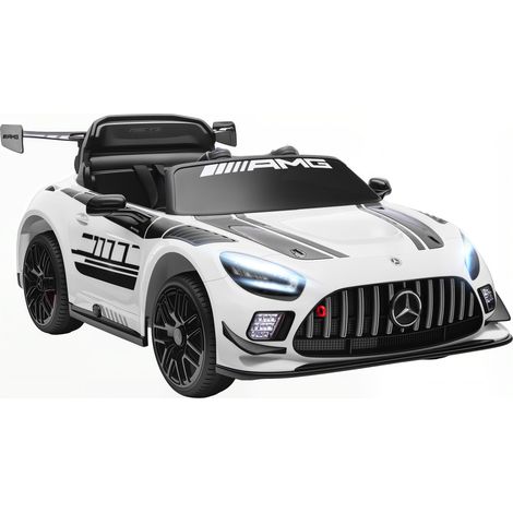 AIYAPLAY coche eléctrico para niños, Mercedes-AMG GT3 Evo, 12V, con mando a distancia, motor doble, ruedas auxiliares, asa, música inalámbrica, blanco
