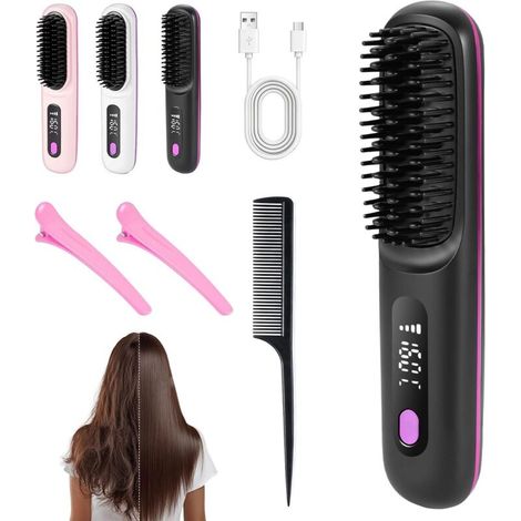 Cepillo alisador de cabello inalámbrico, mini cepillo eléctrico portátil con calefacción anti-quemaduras, pantalla LCD, recargable, para todo tipo de cabello, uso diario y de viaje (negro).
