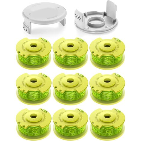 11 bobines de fil 2.0mm pour coupe-bordures Ryobi One+ 18V/24V/40V. Longueur 3.4m, compatible AC14RL3A. Inclut 9 bobines, 2 couvercles.