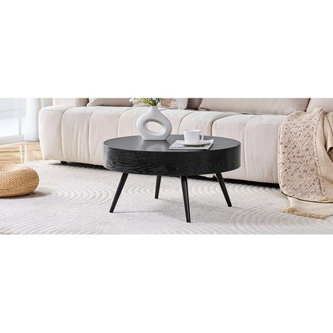 Table Basse Ronde 70 cm Plateau MDF Style Bois Noir Pieds Métal Noir pour Salon et Petits Espaces (1/5)