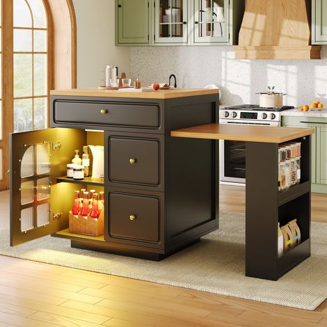 Kücheninsel mit 4 Schubladen, Regalfächern, Ausziehbarer Tischplatte und LED, für Küche und Esszimmer, MDF, Schwarz (1/5)