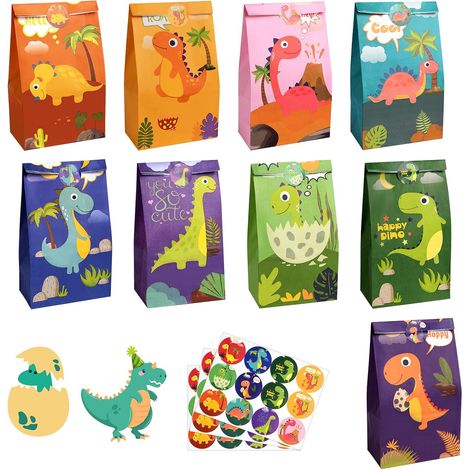 18 Pcs Sac Cadeau Anniversaire Enfant, Sachet Bonbons Anniversaire Dinosaure avec Autocollants Mignons, Petit Pochette Cadeau Sachets Bonbons Anniversaire Garcon et Filles - 13  8  24 cm (1/5)