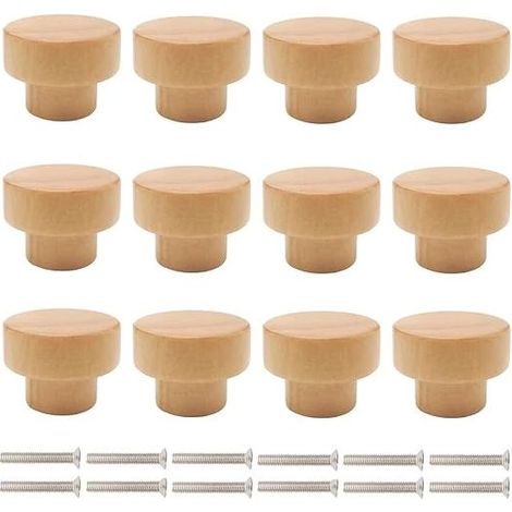 Boutons de Porte en Bois, 12 Pièces Poignées de Meuble, Bouton de Tiroir en Bois, Poignées de Boutons Rond Poignées de Tiroir de Placard, Poignées de Porte de Commode de Meuble (1/5)