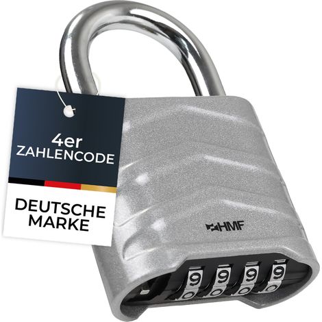 HMF Zahlenschloss Vorhängeschloss, robustes Schloss mit 4-stelligem Zahlencode aus Aluminiumlegierung, 5,6 x 2,6 x 8,7 cm, Silber
