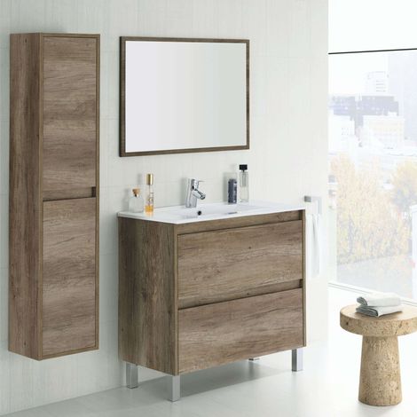 Pack Mueble De Baño Con Espejo Y Lavamanos Incluido Ceramico, Incluye Columna De Baño O Aseo Color Nordik