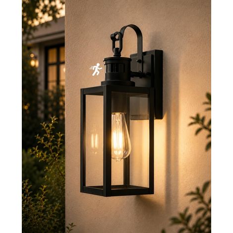 Applique Murale Extérieure avec Détecteur de Mouvement, E27 Lampe Murale Industrielle, Porche Luminaire Exterieur Lanterne avec Capteur de Mouvement, IP44 Éclairage Mural pour Balcon, Jardin, Noir (1/5)