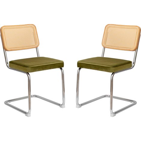 Lot de 4 chaises de salle à manger style mid-century en velours avec dossier rotin et pieds en acier chromé (1/5)