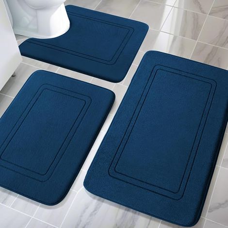 Lot de 3 tapis de salle de bain en mousse à mémoire de forme souple et tapis de WC en forme de U - Antidérapant et lavable - Bleu marine (1/5)