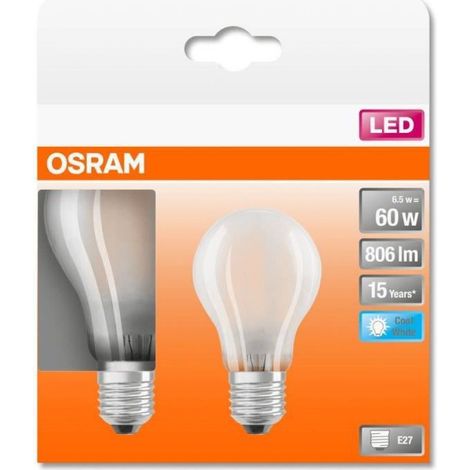 OSRAM 4058075435384, Lampadina LED, Attacco: E27, Bianca Fredda, 4000 K, 7 W, Equivalenti a 60 W, LED SUPERSTAR CLASSIC A, Opaco, Confezione da 2 (1/4)