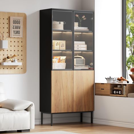 Vitrine mit 4 Glastüren, per Smartphone steuerbare LED-Beleuchtung, 4 verstellbare Regalböden, 74×31×180 cm, Schwarz und Eiche (1/5)