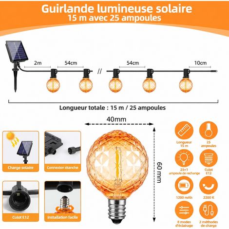Guirlande lumineuse solaire LED G40 diamant de glace 15 m 25 lampes avec panneau solaire 1800 et télécommande 15 m25 1800 réf 23,5 × 23,5 × 9,5 cm 950 g – Livraison gratuite