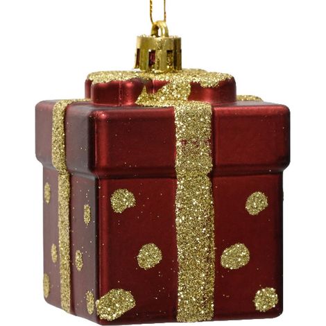 Weihnachtskugel "Geschenk" Rot matt mit goldfarbenen Glitter Höhe 6,8 cm Breite 5 cm Länge 5 cm - Kunststoff
