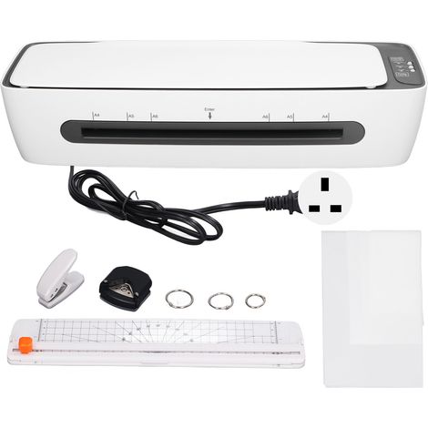 Ponceuse à lamelles A4 plastifieuse à chaud et à froid avec 12 feuilles de plastification, perforatrice, coupe-papier et arrondisseur d'angles, prise UK 220‑240V (1/5)