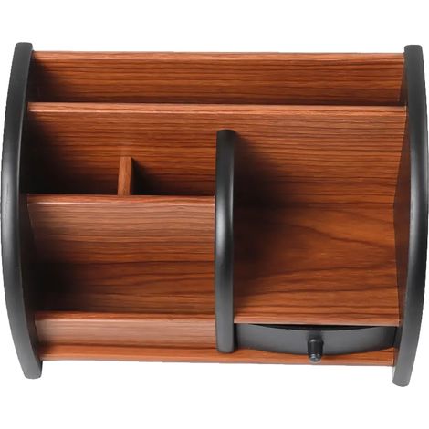 Organizador de escritorio con múltiples compartimentos, fabricado en madera resistente, color marrón. (1/2)