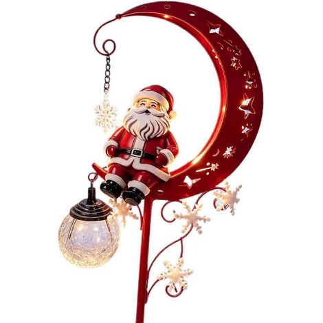 Lampe solaire de jardin à piquer en forme de Père Noël et de lune, décoration de jardin étanche avec lanterne suspendue en verre craquelé, éclairage LED chaud pour jardin, terrasse, pelouse et allée. (1/5)