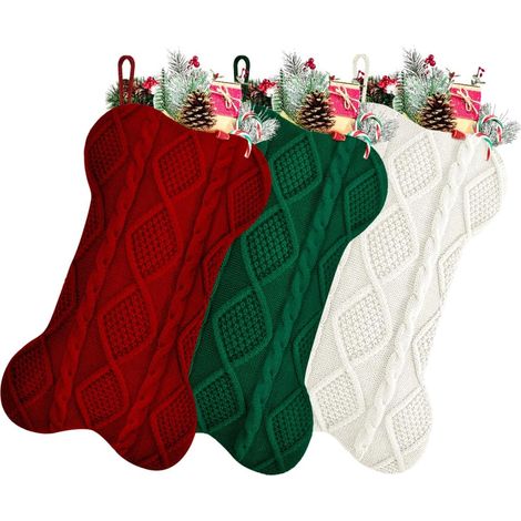 3er-Pack 45 cm lange Weihnachtsstrümpfe, bordeauxrot, elfenbeinfarben und grün gestrickt, doppelseitig, Vintage-Hundeweihnachtsstrümpfe für Familienhunde und Haustiere (1/3)