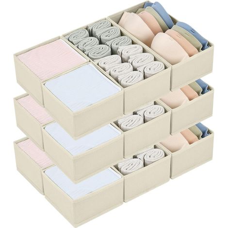 Organisateur de Tiroirs De Rangement - Séparateurs de Tiroir Non Tissés, Boîte Organisateur Dressing Rangement Gain de Place Pour Chaussettes, Sous-VêTements, Cravates, 12 Pièces, Beige (1/5)
