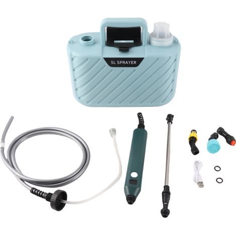 Pulverizador eléctrico a pilas de 5 litros con 3 boquillas, lanza retráctil y correa ajustable para el hombro. Ideal para jardín y césped (azul). (1/5)