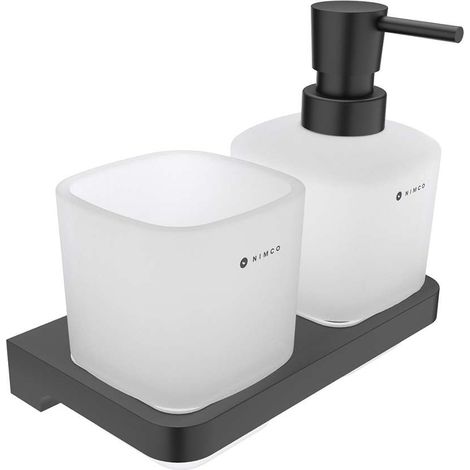 Nimco Maya - Dispensador de jabón y vaso con soporte, cristal esmerilado/negro MAC 2905831C-T-90 (1/2)