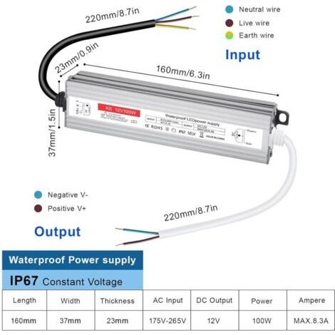 NALOOKAMIC Transformateur 220V 12V LED 100W, alimentation 12v 100w 8.3A, led driver 12v étanche IP67, Transfo AC à DC, convertisseur 220v 12v, 12V100W pour G4, GU5.3, MR11, MR16, Bande LED, Non Dimmab