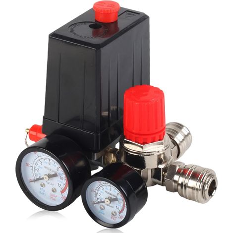 Pressostat Compresseur d’Air 220V, Régulateur de Pression à 4 Trous pour Compresseur d’Air avec Manomètre, Soupape de Sécurité, Raccords, Valve de Contrôle et Interrupteur (1/5)