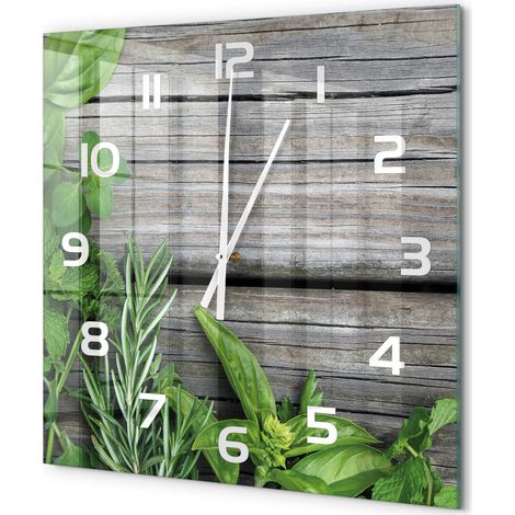 Grande Horloge Murale Carrée en Verre Chiffres Lisibles Silencieuse et Moderne Arrière-plan en bois avec des herbes 60x60 cm (1/5)