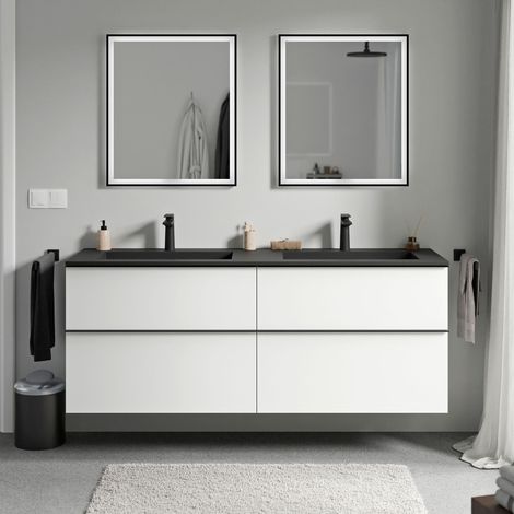 BERNSTEIN - Mueble lavabo suspendido MDF blanco mate, lavabo fundición negro mate + orificio grifería, tirador cromado 160x46x62cm LAVOA blanco mate, cromo, Negro mate con orificio para grifo.